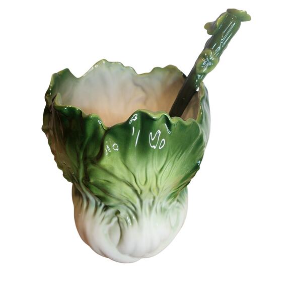 Summit Collection Pottery Lettuce Vase Serving Bowl with Leaf Ladle - Picture 3 of 3